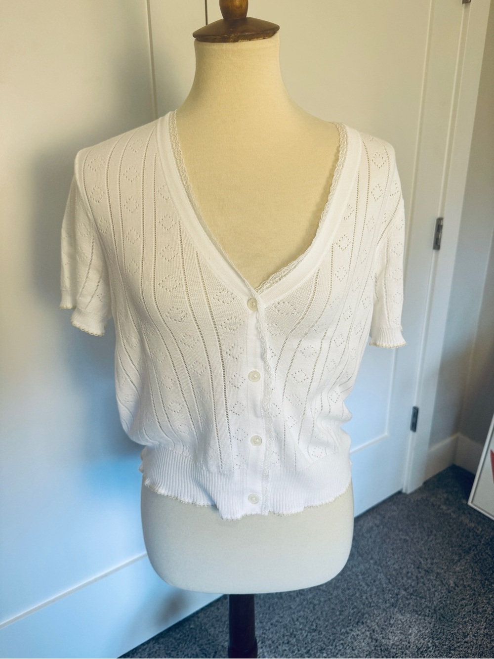 NWT J.Crew Pointelle Cotton Cardigan White Lace Trim Size M